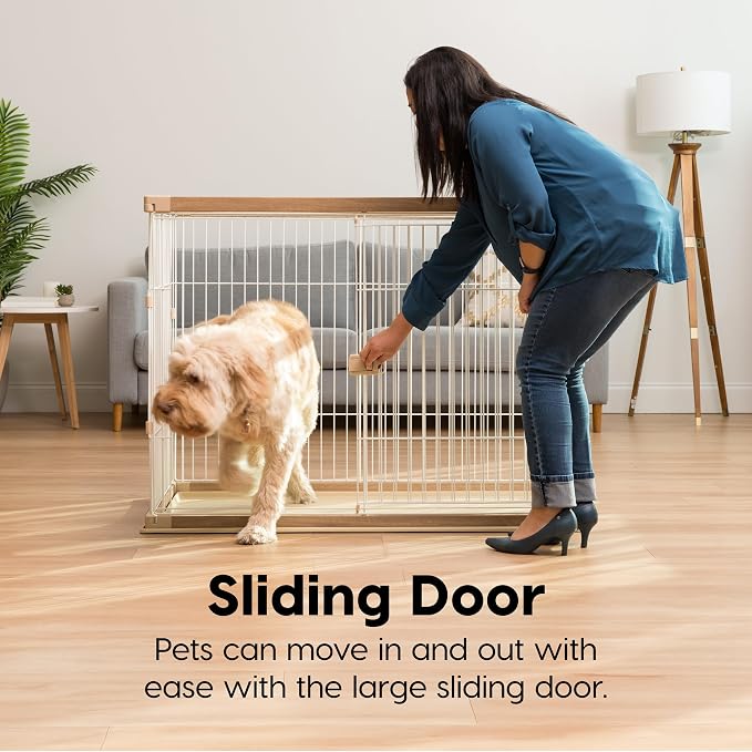 IRIS USA Large Tall Dog Crate, Dog Kennel Indoor with Sliding Door & Bottom Tray, Dog Cage, Wire Pet Pen, Stylish Wood-Like Trim, Light Brown