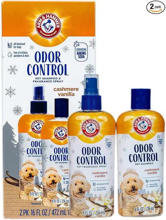 Arm & Hammer Odor Control Pet Grooming Gift Set, Includes Dog Shampoo 8 Fl Oz and Dog Bath Spray 8 Fl Oz, Cashmere Vanilla Scent, pH Balanced, Paraben and Sulfate Free