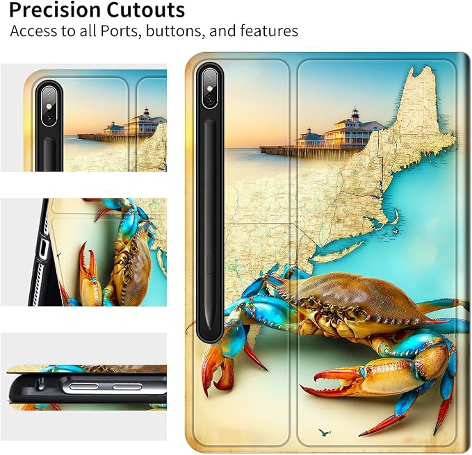 Case for Samsung Galaxy Tab S8 Plus 2022/S7 FE 2021/S7 Plus 2020 12.4" | Slim Leather Smart Cover with Multi-Angle Anti-Slip Stand [Auto Wake/Sleep] Shell for Women Men, Map Crab