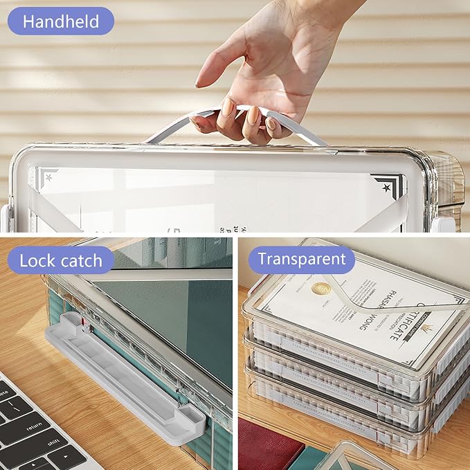 Marte Vanci Plastic Storage Bin with Lid Portable Project Case with Handle Clear Storage Box File Document Protector Stackable Container for A4 Letter Paper Photo Craft Scrapbook（White Handle）