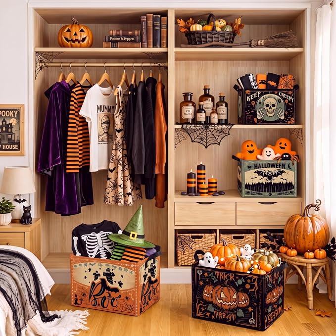 4 Pcs Vintage Halloween Storage Basket for Gifts Large Retro Gothic Storage Bins with Handles 15 x 10 x 8 Fabric Laundry Baskets Spooky Halloween Collapsible Organizer Boxes for Home Cloth Toy