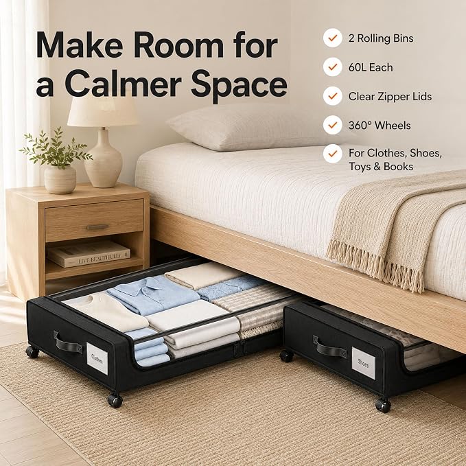 Camkey® Under Bed Storage with Wheels, 2-Pack 60L Bins, Low Profile, Black | Two 60L Rolling Underbed Storage Bins with 360° Wheels, Clear Zippered Lids, Pull Handles, Label Pockets and Black Fabric