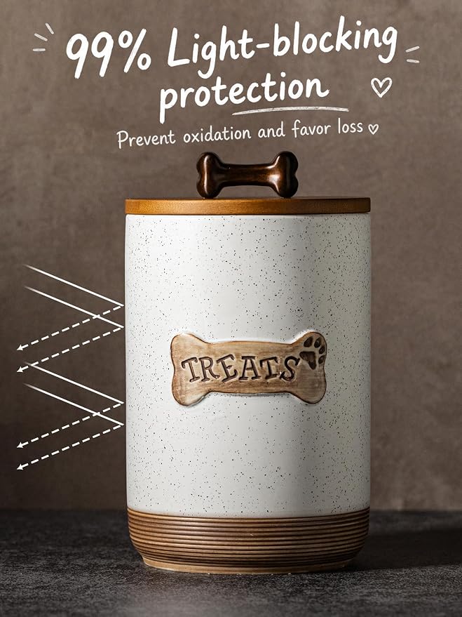 Miamolo Airtight Dog Treat Jar with Lid, Dog Treat Container for Countertop | Ceramic 8 Cups, Easy to Open | Small Dog Food Storage Canister, Farmhouse Dog Biscuit Jar Dog Lovers Gift | Bone Dotted White