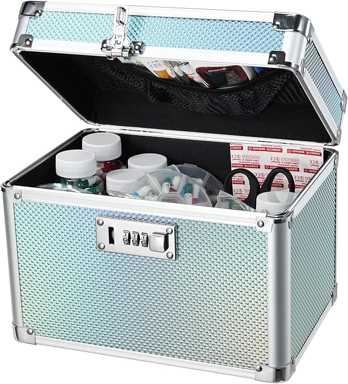 Lockable Medicine Storage Box - Turquoise Cabinet Med Lock Organizer, 10 x 7 x 7.9 Inches Safe Med Case with Lock for Home, Dorm, Office, or Travel