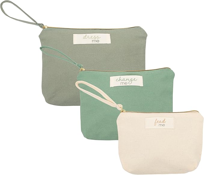 Pearhead Baby Diaper Bag Organizing Zipper Pouches, Set of 3 | Feed Me Change Me Dress Me, Recycled Cotton, Gender-Neutral New Mom Essentials, Zip Bags, Organized in Style