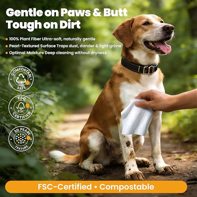 200 Count Dog Wipes & Cat Wipes (4x50 Packs) | Hypoallergenic, pH Balanced for Paws, Body, Face & Grooming |All-Natural Plant Fiber Wipes with Aloe, Coconut Oil & Vitamin E |Pearl Texture