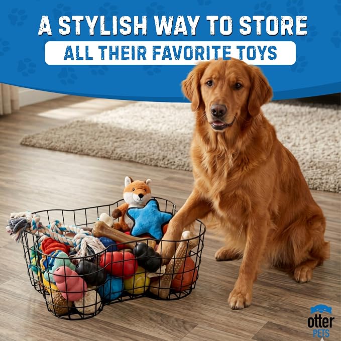 OtterPets Metal Dog Toy Basket Bone Shaped Indestructible Dog Toy Bin 17x13 | 17" long, 13" wide, 7" tall, metal wire dog storage organizer, dog toy bin, dog toy box, pet toy basket, dog toy storage