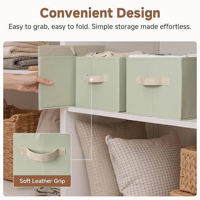 StorageWorks Closet Storage Bins, Light Green, Large, 3-Pack | Storage Baskets for Shelves, Closet Organizers and Storage Basket, Fabric Clothes Organizer with Leather Handles