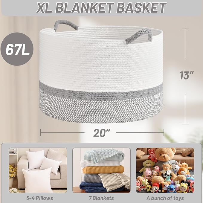67L Large Blanket Basket, 20"x13" Blanket Basket Living Room, Woven Baskets With Handle, Toy Baskets for Blankets, Nursery, Dog, Pillow, Gift (White & Light Grey)
