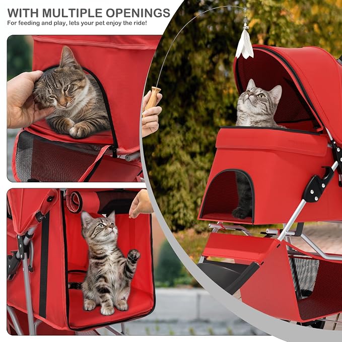 MoNiBloom Pet Stroller for Small/Medium Dogs and Cats up to 33 lbs, Red | Foldable Dog Stroller 3 Wheels Pet Strolling Cart w/ Storage Basket Cup Holder, Breathable and Visible Mesh for All-Season