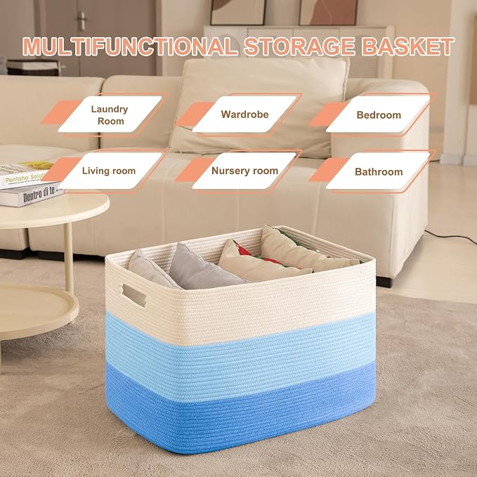 OIAHOMY 108L Extra Large Blanket Basket Dog Toy Basket Gradient Light Blue | Rectangle Woven Baskets for Storage Cotton Rope Basket For Living Room Toy Storage Blanket Storage Laundry Basket
