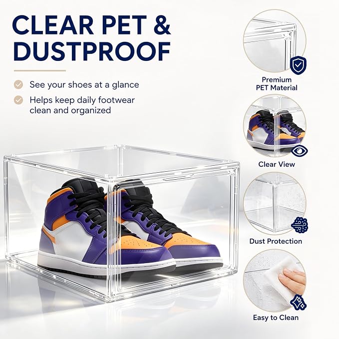 2 Pack Clear Acrylic Shoe Boxes Fit Size 12, Front Door for Small Closets | 10.2 x 13.4 x 7.5 in stackable shoe display case for apartments, dorms, entryways and compact closets. Fits up to US size 12