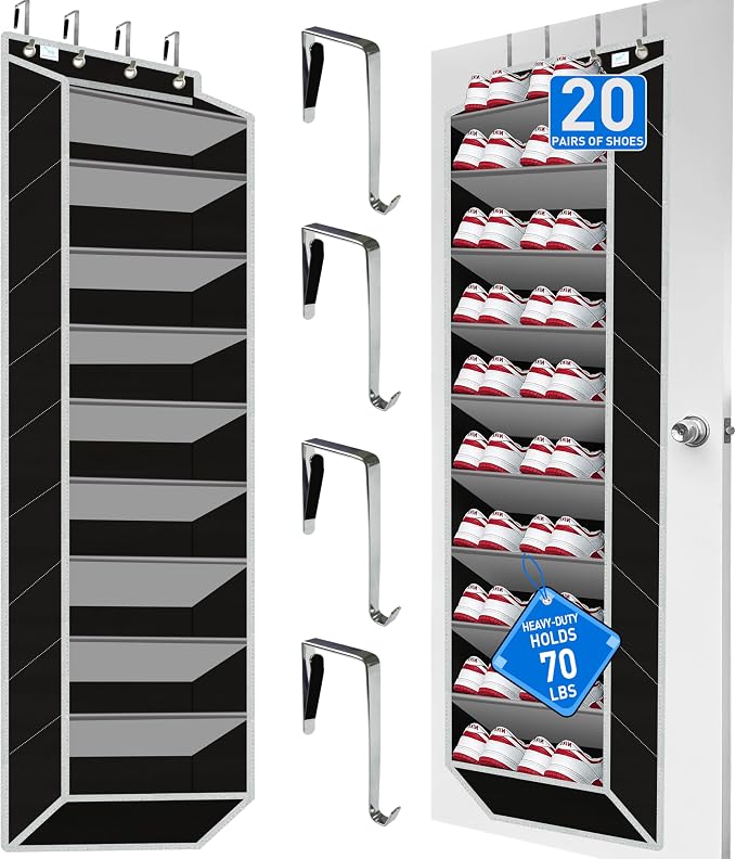 Over the Door Shoe Organizer, Large Shoe Rack for Door 10 Tiers, Heavy Duty Metal Hanging Hook for Shoe Storage, Space Saving Shoe Holder Fits All Family Heels Boots Sneakers - Grey