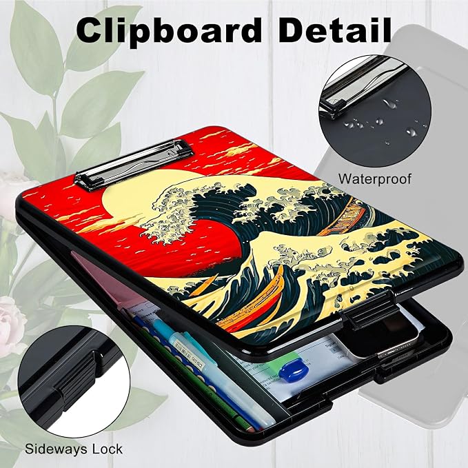 Red Sky Waves A4 Clipboard with Storage Pen Holder, Clipboards Organizer Nursing Clipboard Foldable File Folder Plastic Clipboard Folio Clip Board for Office Students Classroom Doctor