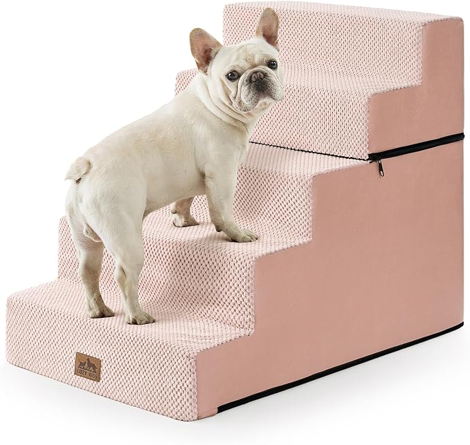 COZY KISS Dog Stairs for Small Dogs, 5 Step Pet Stairs for Beds & Couches | 23.6" Extra Wide Non-Slip Dog Steps with Removable Tiers & Support Board for Puppies, Older Cats & Dogs, Pink