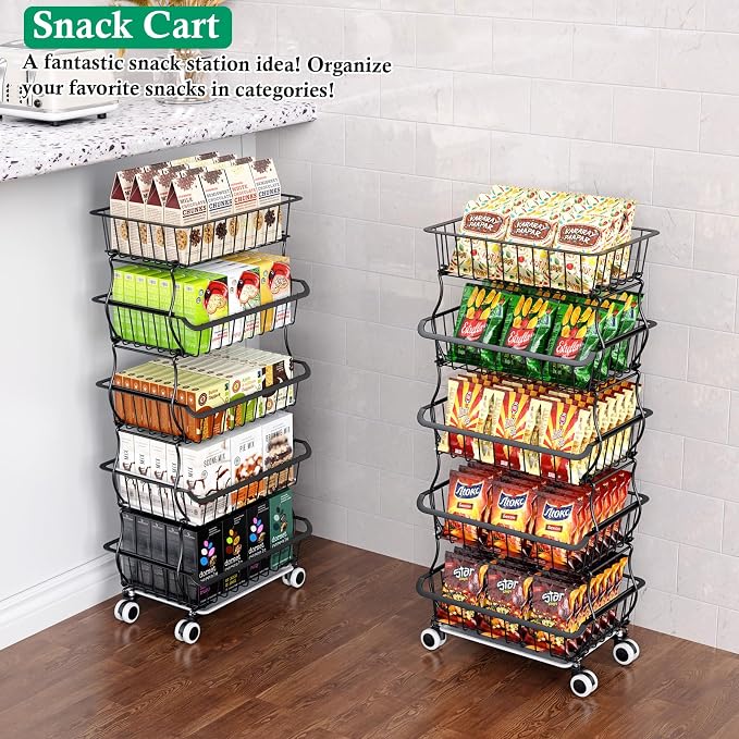 OKZEST 5 Tier Fruit Basket for Kitchen, Stackable Bins Wire Rack with Wheels, Fruit and Vegetable Storage Basket Pantry Food Snack Organizer Shelf, Kitchen Storage Cart for Onion and Potato, Produce | Kitchen pantry organizer rack with dirt catch tray,...