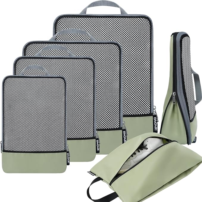 BAGAIL 4 Set/6 Set/8 Set Compression Packing Cubes Travel Accessories Expandable Packing Organizers (Half Mesh, 6-Matcha Green)