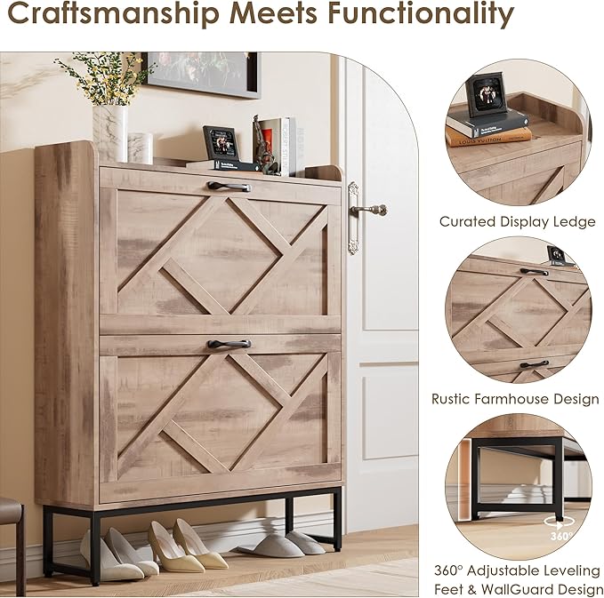Shoe Cabinet with 2 Flip Drawers，Freestanding Shoe Storage Cabinet, Narrow Shoe Organizer Cabinet, Farmhouse Slim Shoe Rack Cabinet for Entryway,Toasted Oak