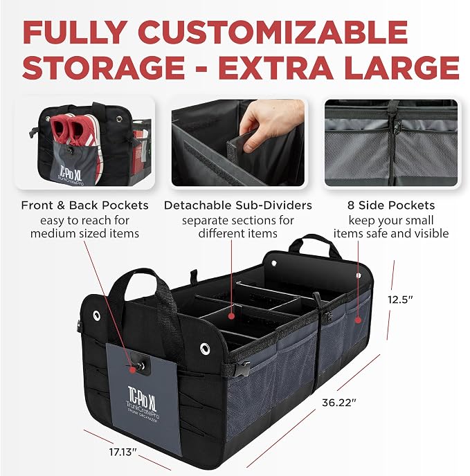 Car Trunk Organizer for SUV, Truck & Auto Cargo Storage, Foldable, Grey, XL | Fits Cars, SUVs & Trucks • 6 Adjustable Compartments • Non-Slip Base & Straps • XLCargo Storage • 11 Pockets • Travel Use
