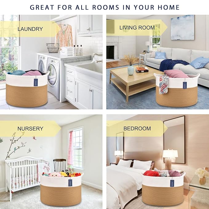 COMSE XXXLarge Woven Blanket & Laundry Basket, 87L, White & Camel | 21.7" x 13.8", Cotton Rope, Nursery Hamper for Storage of Toys Clothes Towels, Ideal for Living Room Bedroom Bathroom