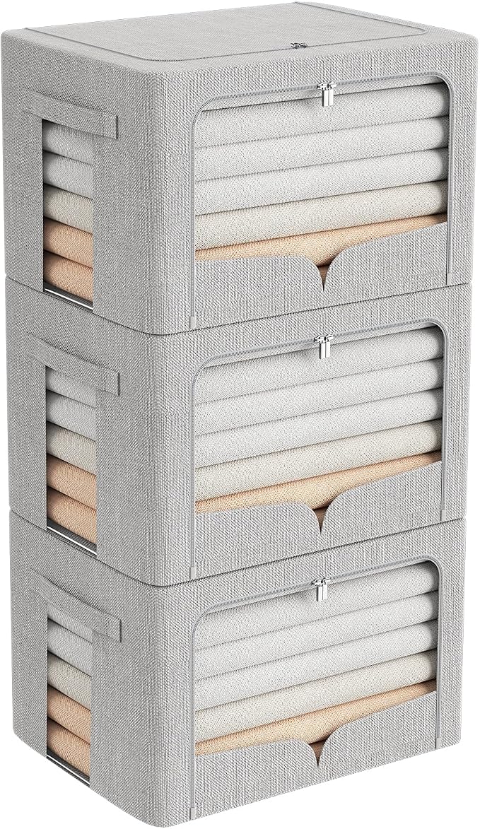 FHSQX 3 Pack Clothes Storage Bins, Light Gray, 16.5x12.2x12.2inch (40L) | Foldable Metal Frame, Stackable, Linen Fabric, Carrying Handles, Clear Window