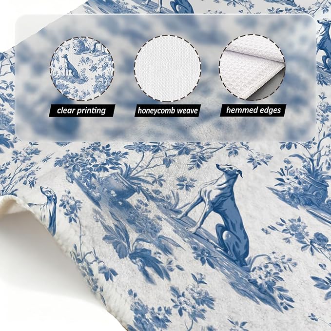 Greyhound Kitchen Dish Towels,Blue and White Floral Dog Towel Dish Tea Towels,Chinoiserie Decor for Kitchen Bathroom,Greyhound Gifts for Dog Lover Mom Dad,16x24 Inch