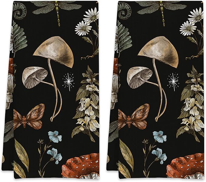 Vintage Mushroom Plants Floral Hand Towels,Set of 2 Absorbent Bath Towel Kitchen Dish Towel Home Gym Hotel Bathroom Decor,16x24 Inches