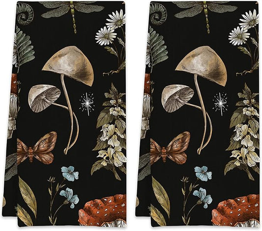 Vintage Mushroom Plants Floral Hand Towels,Set of 2 Absorbent Bath Towel Kitchen Dish Towel Home Gym Hotel Bathroom Decor,16x24 Inches