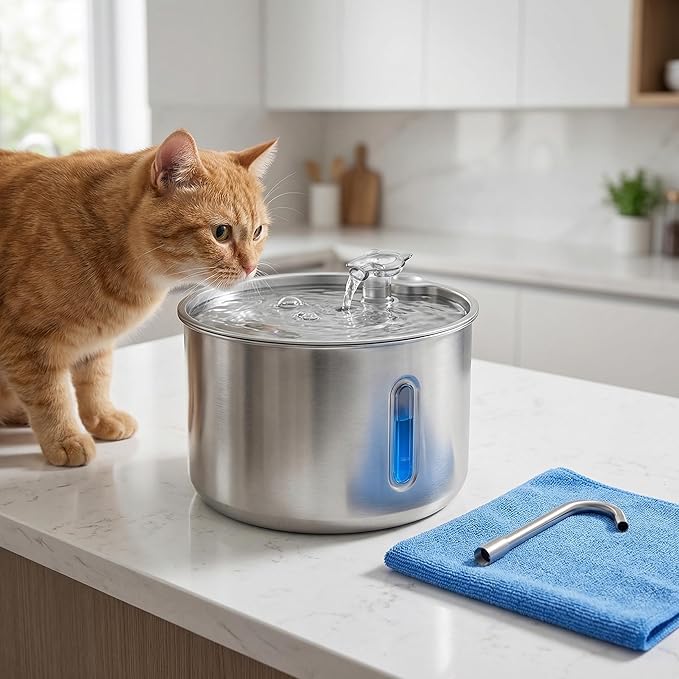 Stainless Steel Cat Water Fountain, 135oz/4L Automatic Pet Water Dispenser with 3 Filters & 2 Water Outlets, Quiet Indoor Drinking Fountain for Cats Small Dogs, Water Level Window