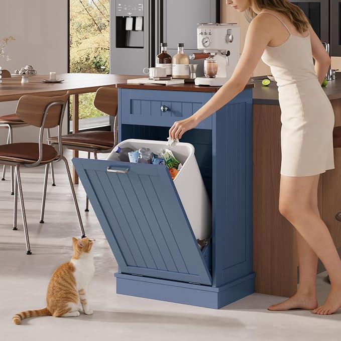 KIGOTY Tilt Out Trash Can Cabinet, Laundry Hamper Cabinet, Haze Blue
