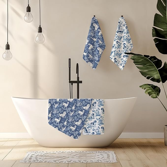 Chinoiserie Cavalier King Charles Spaniel Kitchen Towels Set of 4, Blue and White Floral Dog Decorative Dog Dish Tea Towels,Grandmillennial Hand Towels for Kitchen Bathroom, 16x24 Inch