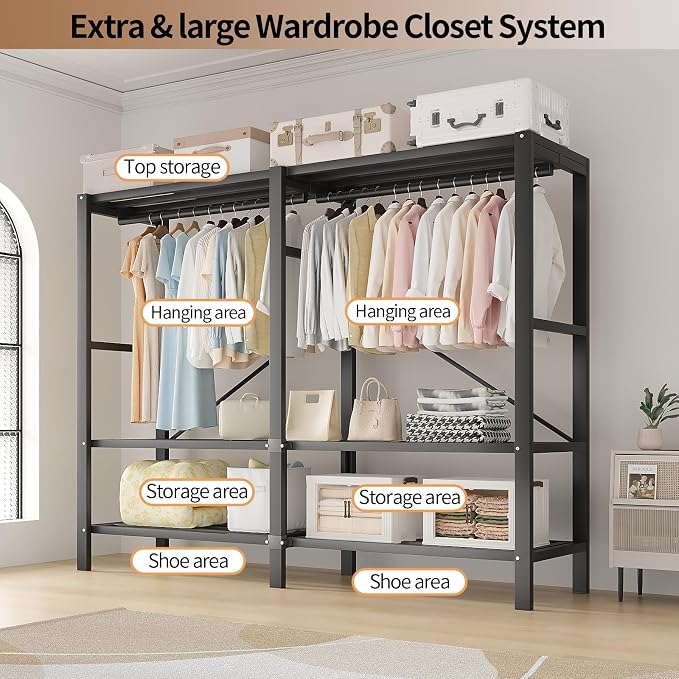 71in Heavy Duty Portable Closet with Cover, 1500lbs Foldable Covered Metal Clothing Wardrobe Closet System, Heavy Duty Garment Rack for Hanging Clothes, for Bedroom,Apartment,Rental Property, Brown