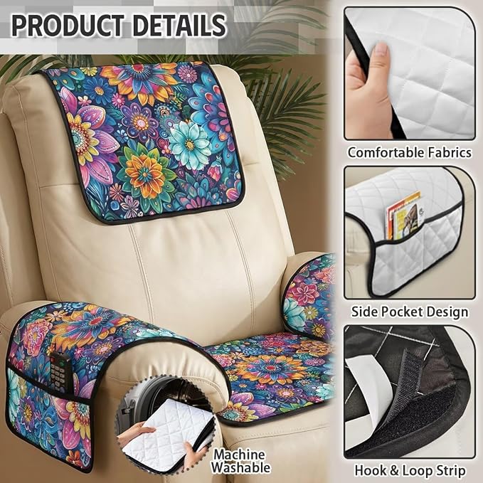 4-Piece Mandala Floral Recliner Slipcovers with Arms Non Slip | Quilted Recliner Furniture Protectors Side Pockets Armchair Slipcovers Soft Reclining Chair Cover,Machine Washable