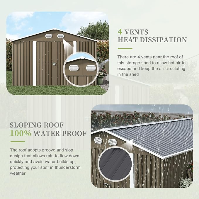 10x12 FT Metal Storage Shed, Large Storage Shed with Lockable Doors and Sloped Roof, Outdoor Tool Shed with Ample Ventilation for Garden, Lawn, Backyard, Coffee