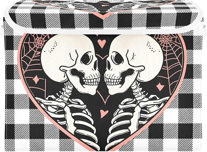 Fabric Storage Bins with Lid Love Skull Closet Storage Basket 40L | Decorative Storage Boxes, Dust-Proof Flip Top, Reinforced Handles, For Home & Bedroom, Clothes & Toy Box, Skull Fabric Print