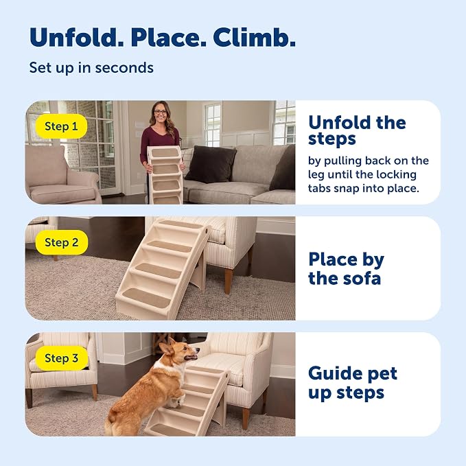 PetSafe CozyUp Folding Dog Stairs, 20 in Tall, Gray | Portable & Foldable 4-Step Stairs, Non-Skid Feet, Side Rails, Dog Steps for Bed, for Dogs up to 200 Lb