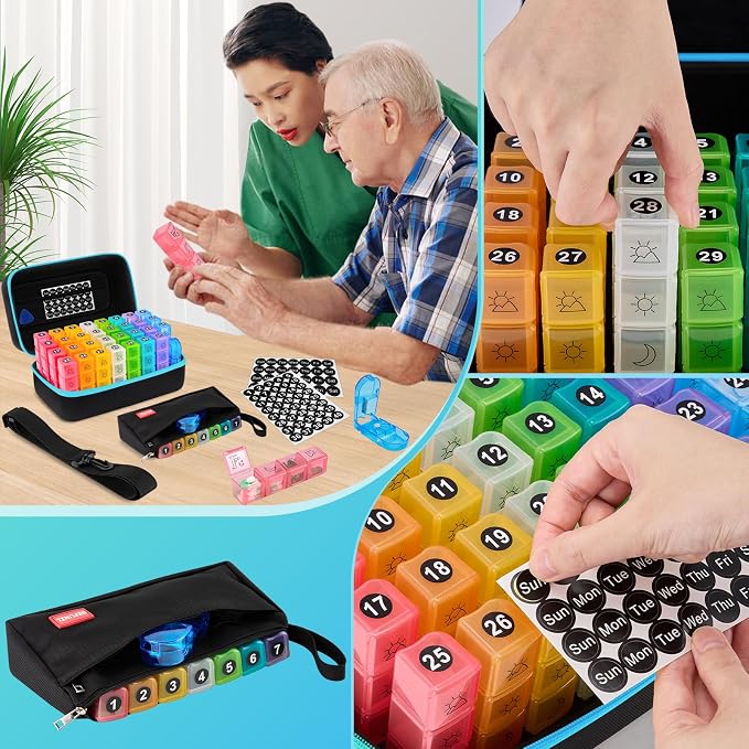 Monthly Pill Organizer, Medicine Organizer Box with Portable Hard Shell and Pill Cutter, 31 Day Pill Holder with Weekly Pill Bag (Blue, 4 Times a Day)