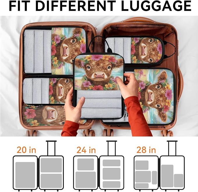 Funny Highland Cow 6 Set Compression Packing Cubes Rustic Farmhouse Bull Animal Expandable Packing Organizer for Travel Accessories Luggage Suitcase Bag