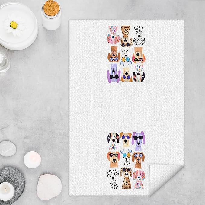 Funny Colorful Dog Kitchen Towels, Dog Lover Mom Owner Gifts Dish Tea Towels for Kitchen, Trendy Puppy with Glasses Hand Towel for Bathroom Decor, 16x24 Inches