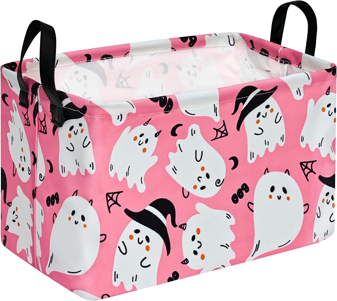 Halloween Pink Ghost Storage Basket Gift Shelf Basket Storage Bin, Toys Nursery Basket Organizer Box for With Handles for Room Deco