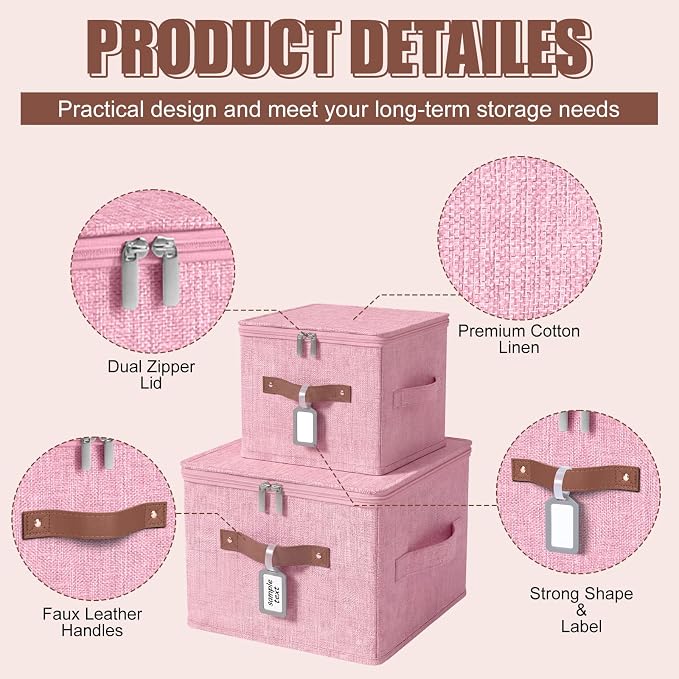 6 Pack Fabric Bins with Lids, 10 x 8 x 7 Inch Fabric Storage Bins with Zipper Lids and Labels, Decorative Foldable Storage Cubes with Handles for Closet Nursery Shelf Organization, Pink