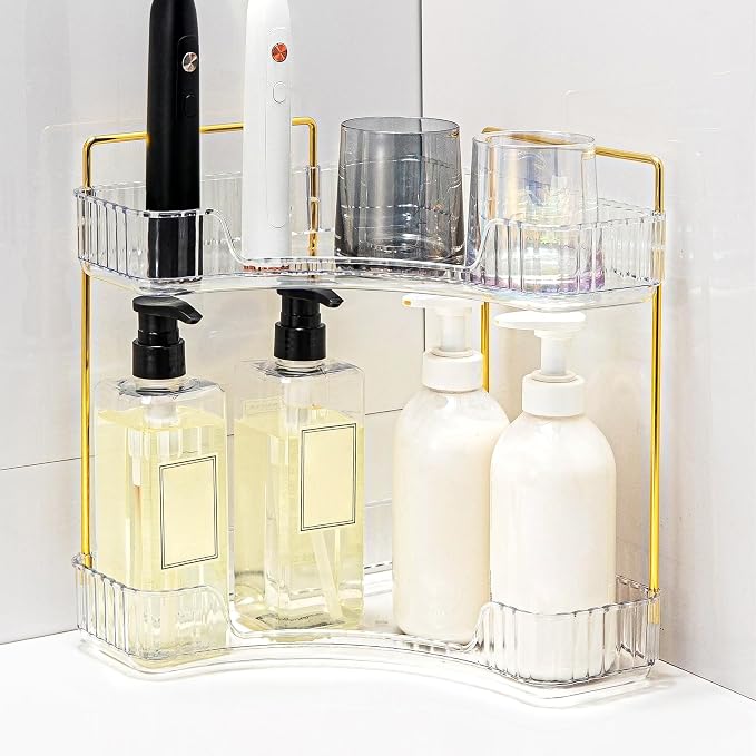 Corner Bathroom Counter Organizer Bathroom Countertop Shelf Makeup Organizer for Vanity Perfume Tray for Corner Storage (2 Tiers, White)