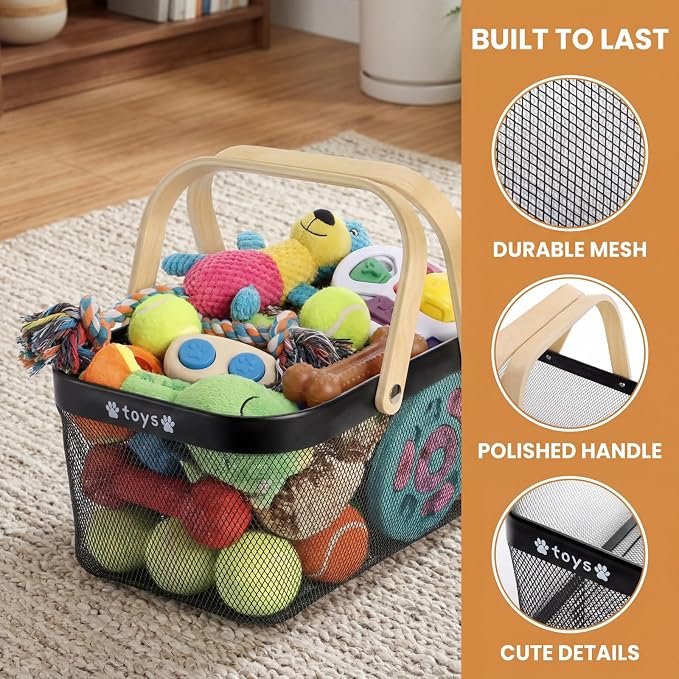 Metal Dog Toy Basket, Chew-Proof Food Bin with Handles | Medium Indestructible Feeding Storage Container, Pet Stuff Organizer Box for Living Room, Dog Leash, Blanket
