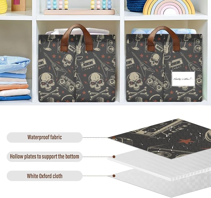 Bass Metal Music Rock and Roll Skull Gesture Black Red Storage Bins for Shelves with Labels&Handles Fabric Organizer Bin Foldable Rectangle Storage Basket Boxes for Closet, Bathroom, Home, Living Room