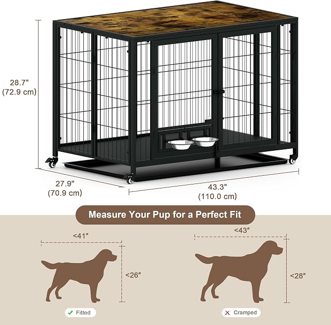 43.3" Heavy Duty Large Dog Crate with Wheels & Feeding Bowls, 3 in 1 Foldable Extra Large Dog Kennel & Playpen, Indestructible Escape-Proof Metal for Large Dogs, Indoor Outdoor, Rustic Brown