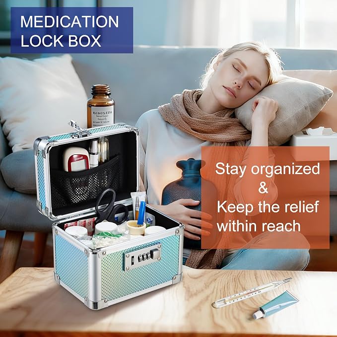 Lockable Medicine Storage Box - Shiny Turquoise Cabinet Med Lock Organizer, 7 * 5.25 * 5.75 Inches Safe Case with Combination Lock for Home, Dorm, Office, or Travel - Mini Size