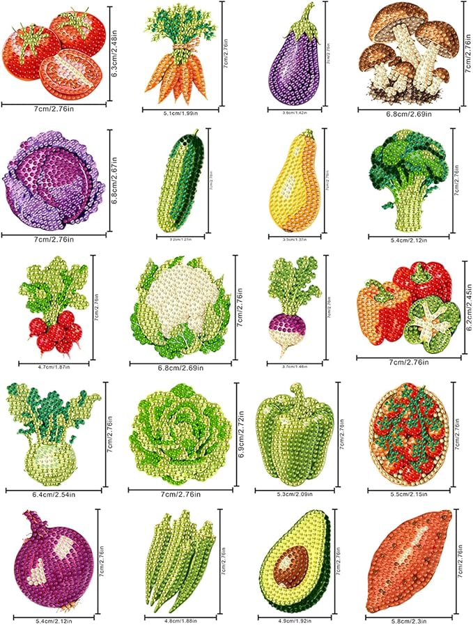20pcs Vegetable 2D Acrylic DIY Diamond Art Magnets Food Refrigerator | Elegant Set with Beautiful Patterns and Magnetic Design for DIY Crafts Perfect for Home, Office, Kitchen Decor, Great Gift