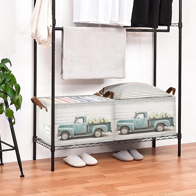 Vintage Truck with Daisies Wood Grain Storage Bins for Shelves with Labels&Handles Fabric Organizer Bin Foldable Rectangle Storage Basket Boxes for Closet, Bathroom, Home, Living Room