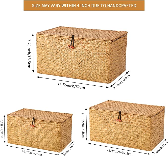 FEILANDUO Wicker Shelf Basket with Lids, Seagrass Storage Baskets Bins Rectangular Woven Baskets Boxes for Organizing Multipurpose Container Boho Home Decor Large Set of 3