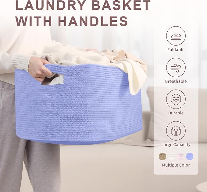 72L Large Woven Laundry Basket Hamper with Handles, Blue Purple | collapsible wicker hamper, storage for dirty clothes, toys, blankets, gifts, living room, bedroom, bathroom, 22"x17"x12"